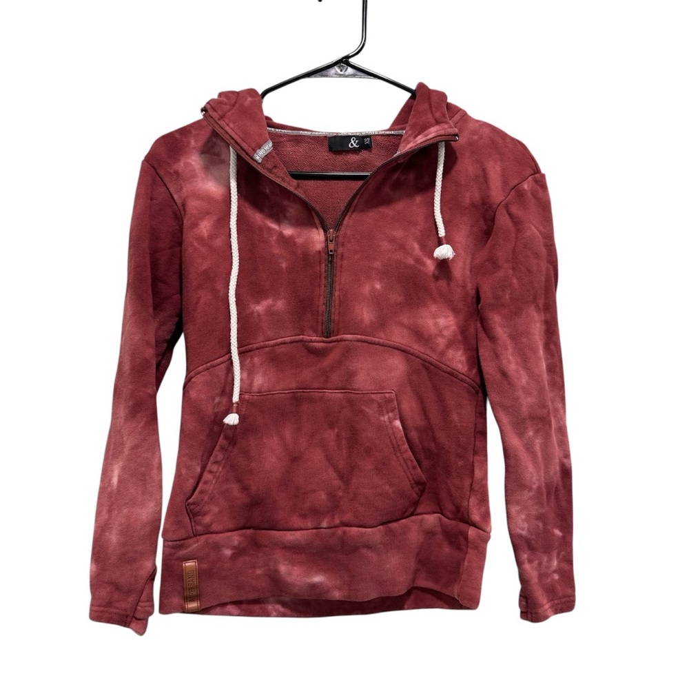 Ampersand Avenue Half Zip Pullover Hoodie Red Acid Wash Tie Dye Front Pocket